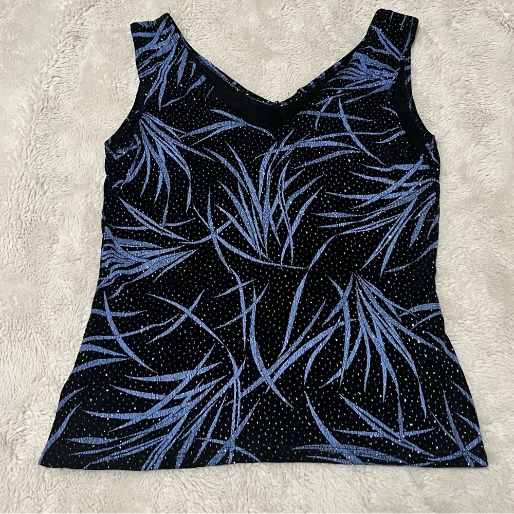 Onyx Nite Black and Blue Botanical V-Neck Tank Top